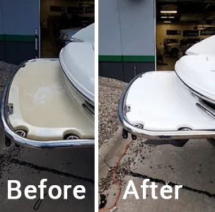 before and after detailing of a boat deck. After is bright white and looks like new